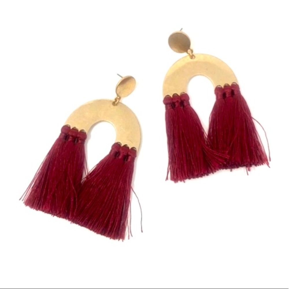 Gold Tone & Wine Red Tassel Drop Modern Earrings
